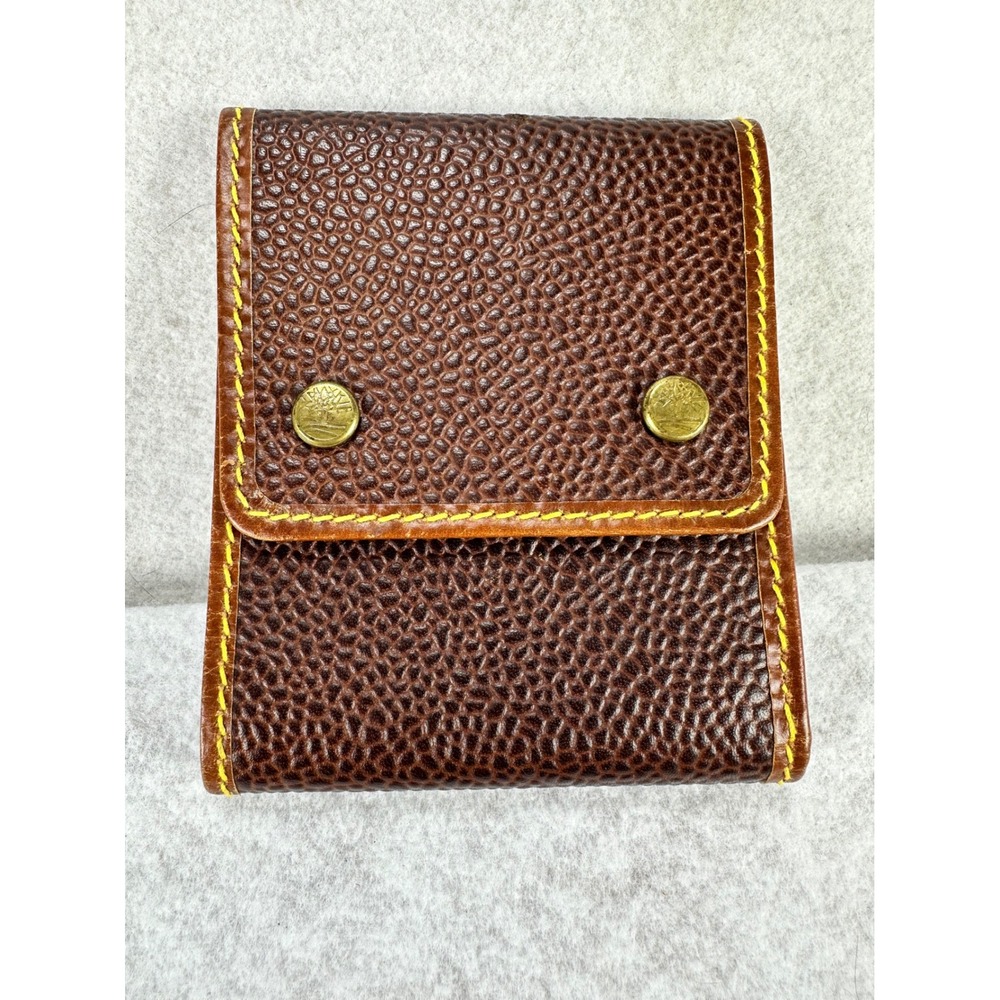 Timberland Mens Brown Pebbled Leather Bifold Wallet Yellow Stitch Snap Closure